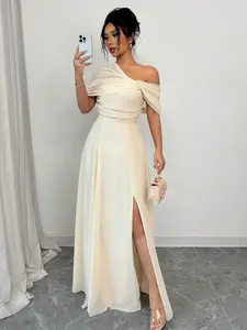 Asymmetric Shoulder Pleated Waist A-Line Elegant & Romantic Women Dress