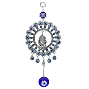 Large Blue Glass Evil Eye Door Window Hangings & Ganesha Idol Evil Eye Charm Car Decor Turkish Nazar Amulet Boncugu Car Rearview Mirror Decor Housewarming Birthday Spiritual Gifts for Friends