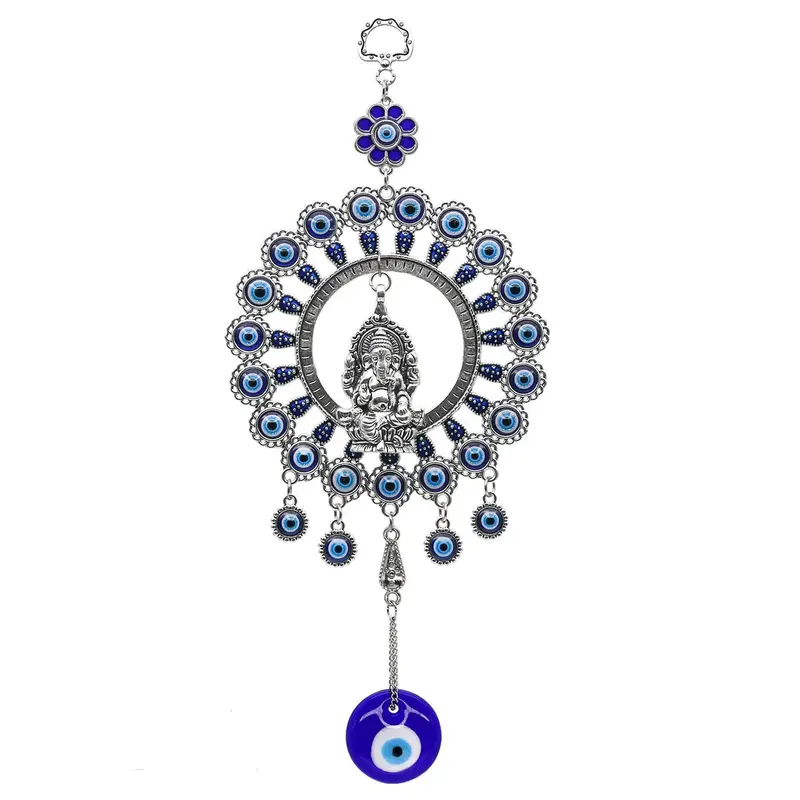Large Blue Glass Evil Eye Door Window Hangings & Ganesha Idol Evil Eye Charm Car Decor Turkish Nazar Amulet Boncugu Car Rearview Mirror Decor Housewarming Birthday Spiritual Gifts for Friends