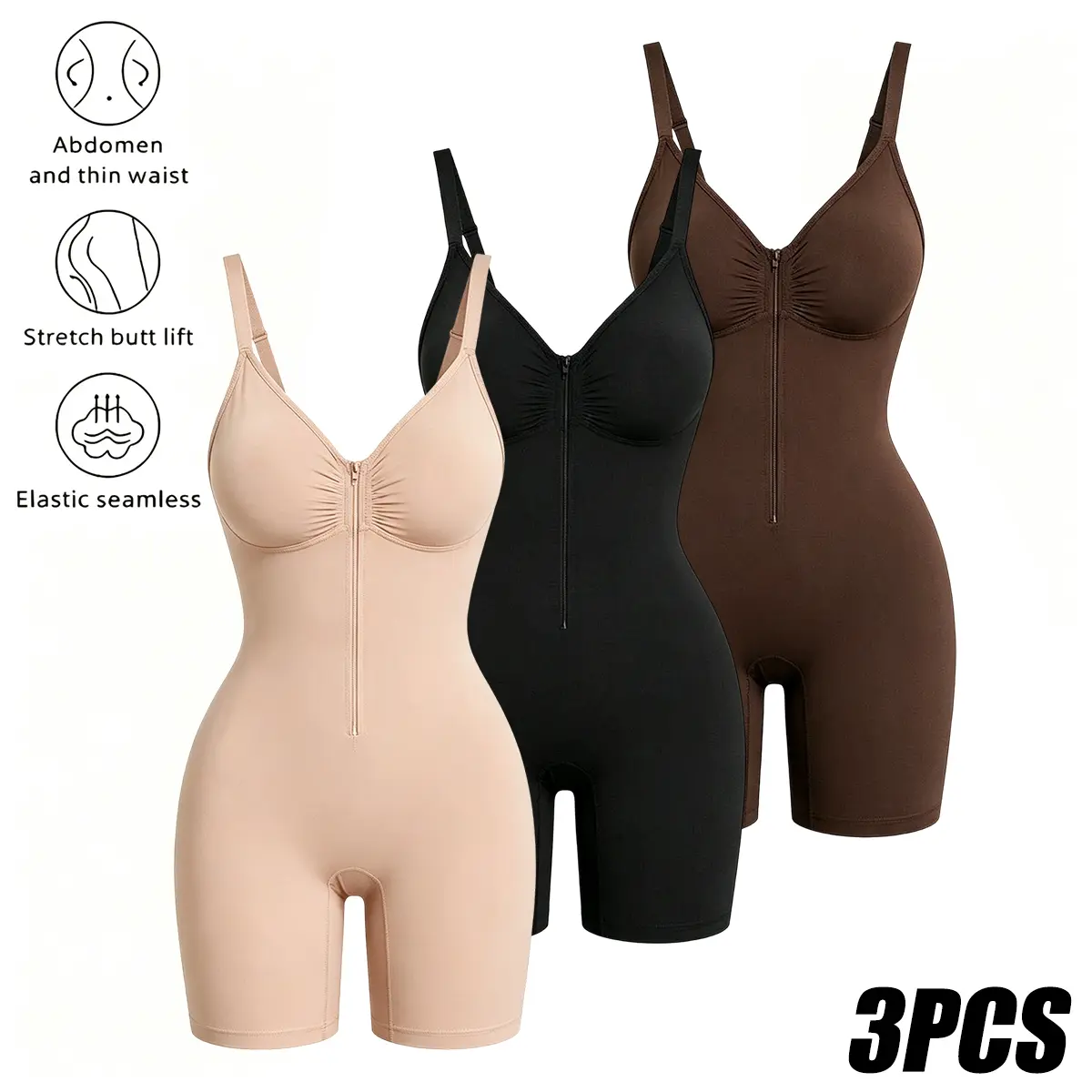 Women’s Seamless Nylon Fabric 1-Piece Shapewear Bodysuit with Zipper Front, Slim Fit, Tummy Control, Flat Abdomen, Machine Washable Design, Wearable as Outerwear