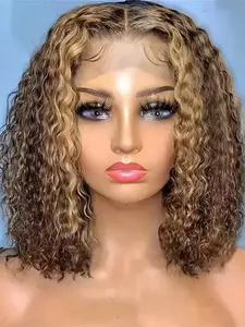 Wholesale piano color Brazilian Hair 100% Virgin Curly Bob for Wig 200% Density water curly lace frontal wig