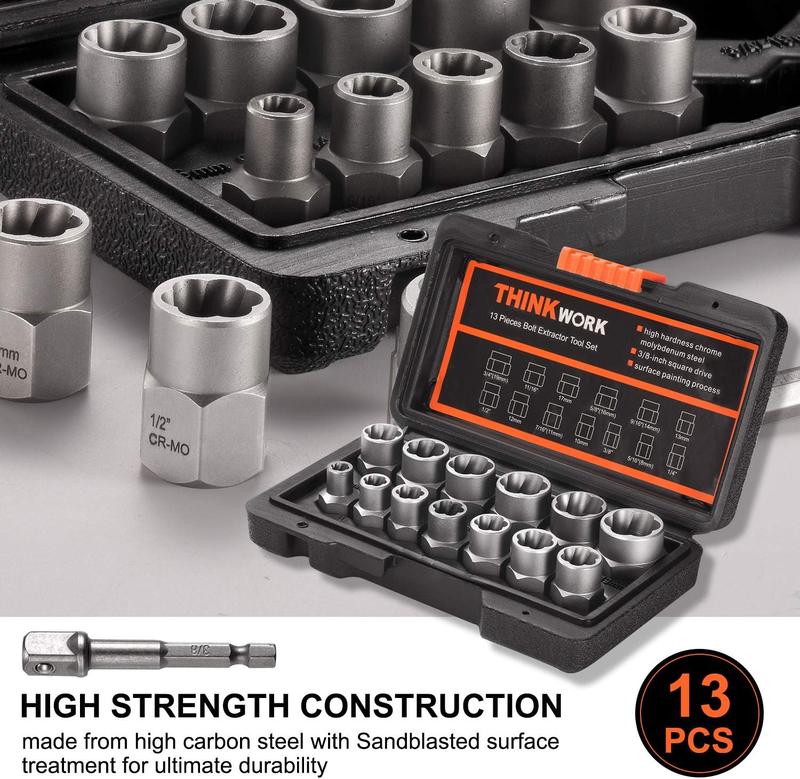 【TikTokShopBlackFriday 】THINKWORK Bolt Extractor Tool Set, 13+1 Counts Impact & Nut Remover Stripped Lug Remover, Drive Rounded Bolt Remover for Removing Damaged, Frozen Universal Impact impact bolt