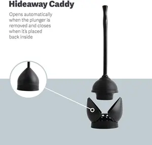 Casabella Toilet Plunger and Hideaway Caddy Combo for Bathrooms, 2-Piece Heavy-Duty Toilet Plunger and Holder Set, Black