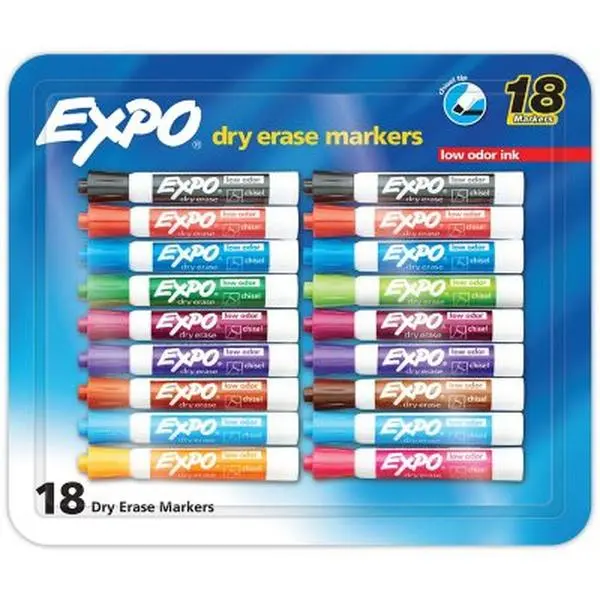 Expo Dry Erase Markers - AP Certified Non-Toxic, Low Odor Chisel Tip, Assorted Color Set Markers & Highlighters, Pack of 18, No Unpleasant Smells, Ideal for Office Workers’ Presentations & Notes, Safe for Children