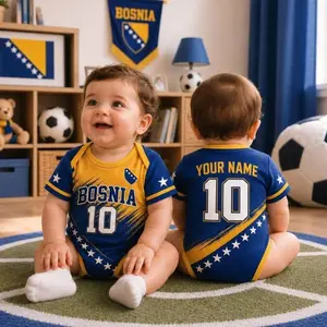 Personalized Bosnia Baby Bodysuit, Custom Name Number Baby Soccer Bodysuit, Bosnia Inspired Infant Outfit, Football Fan Baby Romper 19C 65K