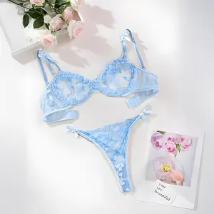 Sexy Underwire Cute Push Up Strappy Embroidered Mesh Sheer Lingerie Set See Through Panty Bra