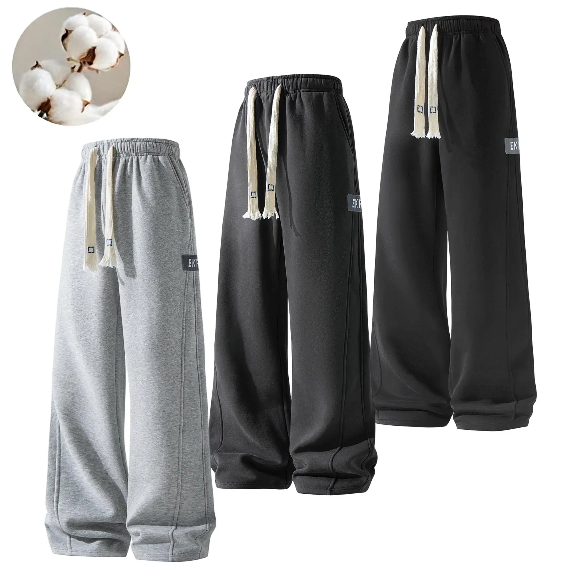 Men’s Autumn/Winter Pure Cotton Wide-Leg Sweatpants — Thick, Warm, Drapey Straight-Cut Sports Pants, Loose Fit with Drawstring, Versatile Casual Long Pants