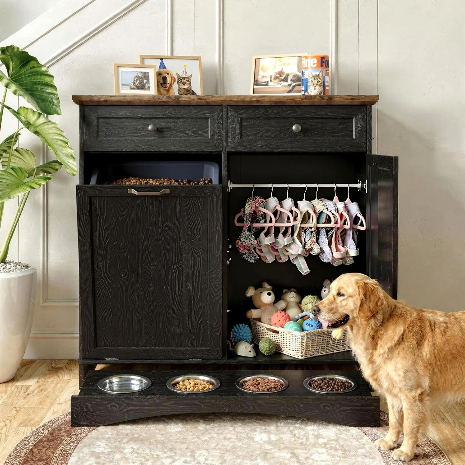 39.7in Wide Dual-Door Dog Food Storage Cabinet - Clever Storage Compartmentalized Design Cabinet, Tilt-Out Pet Feeding Station with 4 Bowls, Black Grain Indoor Hallway Organizer to Get Organized & Organize in Style