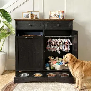 39.7in Wide Dual-Door Dog Food Storage Cabinet, Tilt-Out Pet Feeding Station with 4 Bowls, Black Grain Indoor Hallway Cupboard