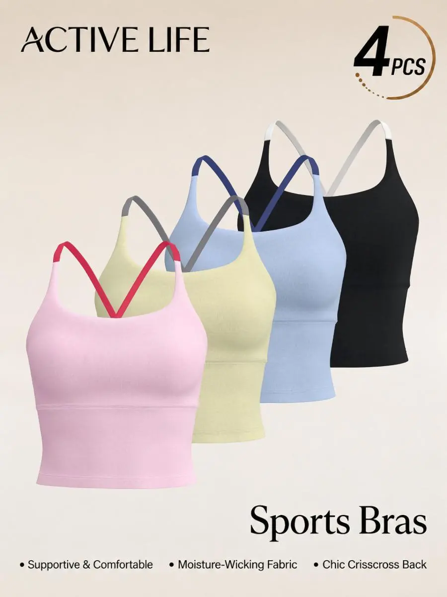 [4pcs] Women's Sporty Plain Criss Cross Bra - Comfortable, Durable Sports Crop Cami Top for Indoor Gym, Outdoor Running - Ladies Activewear backtoschool tank durability