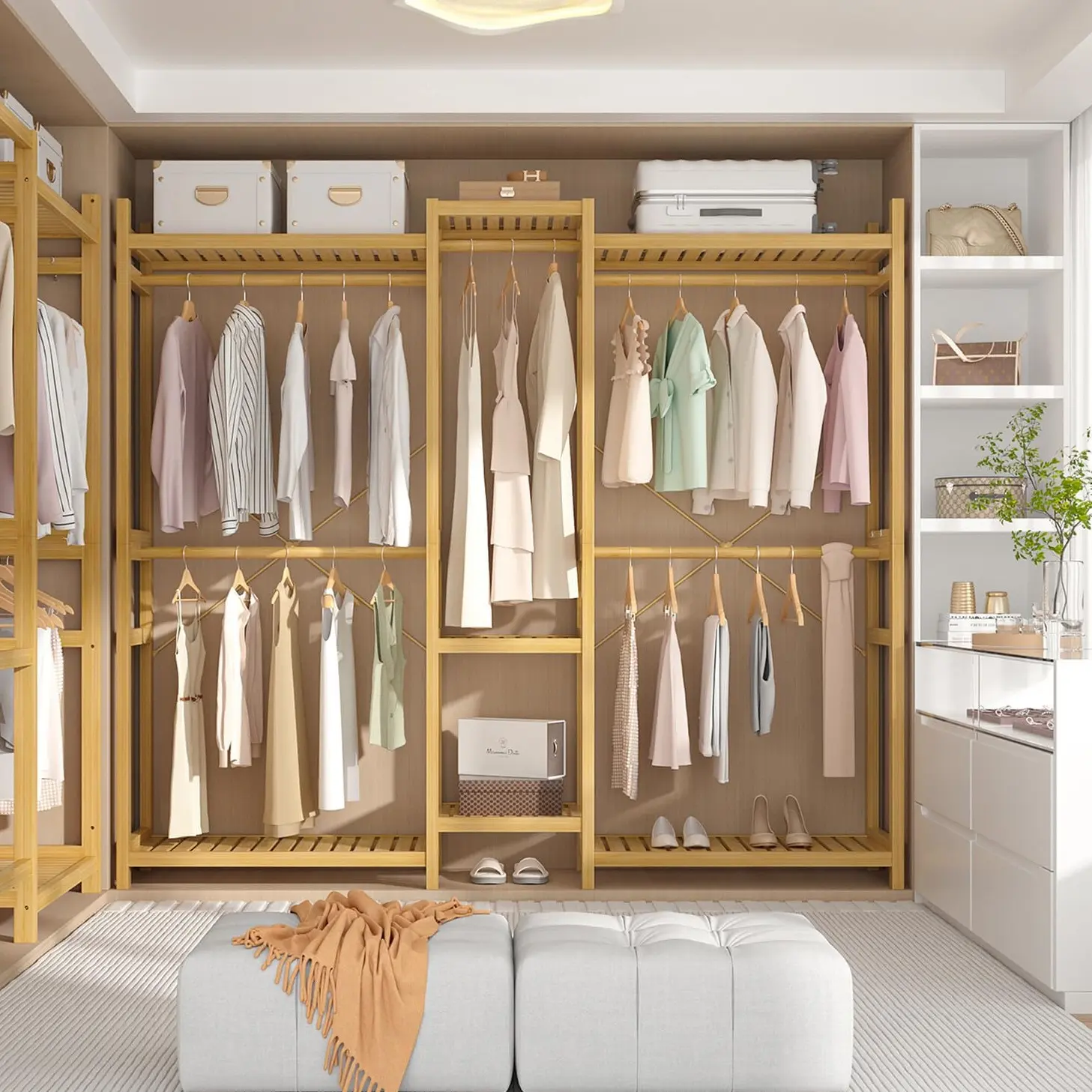 Bamboo 70"W Closet System Clothes Rack Freestanding Garment Rack Clothing Rack for Hanging Clothes with 7 Storage Shelves 5 Rods 4 Hooks for Bedroom