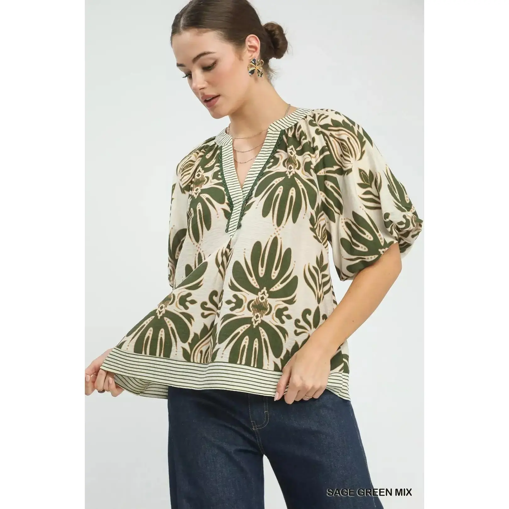 Umgee Mix Printed Puff Sleeve Top with Contrast Trim