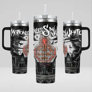 Motionless In White "Afraid Of The Dark" 40oz Tumbler with Handle | Gothic Horror Band Collage Custom Cup | 20oz Insulated Travel Mug | Alternative Metal Fan Gift | Cup Holder Friendly