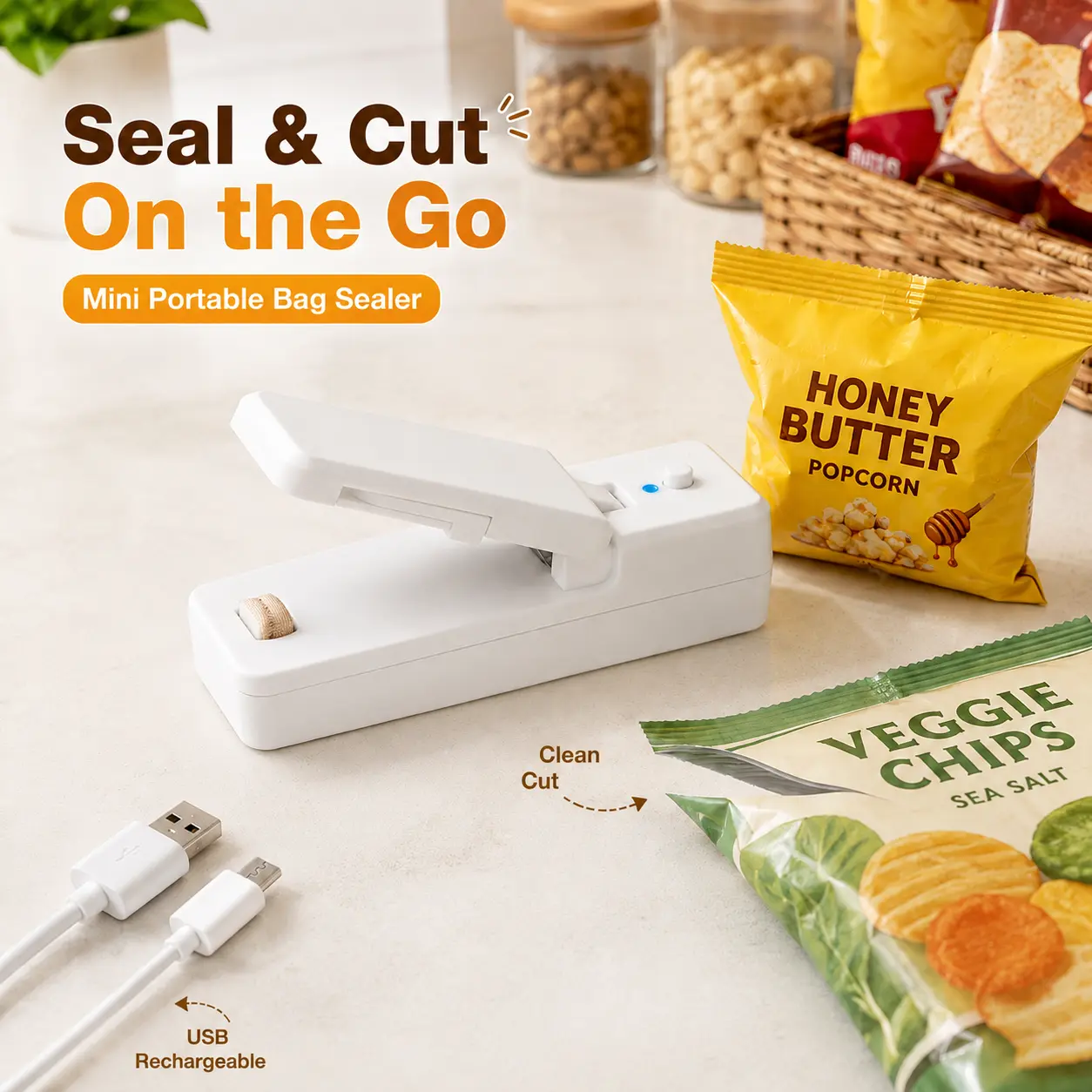 Mini Portable Bag Sealer with Cutter and Detachable Hook, Household Kitchen Vacuum Sealing Appliance