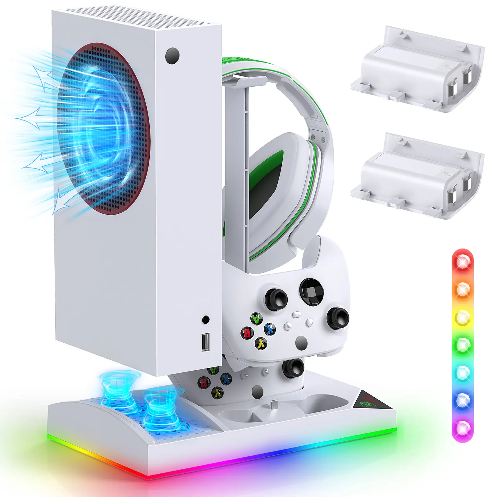 MENEEA Upgraded RGB Dual Cooling Fan Charging Station for Xbox Series S Console & Controller - Space-Saving Gaming Accessory, Metal Dual Charger Dock, 15 Color-Changing Light Modes, 2*1400mAh Rechargeable Batteries, USB Port, White, Holiday Presents