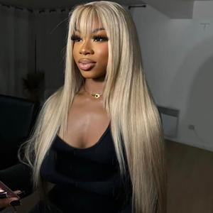 Straight Lace Frontal Wig With Bang Ash Blonde Milk Tea Human Hair With Bang Wigs 13X4 Lace Front Human Hair Wig Transparent Lace With Adjusted Bands For Moman Can Be Restyled