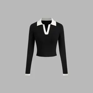 Cider [3 colors, size 0-26] Knit Polo Contrasting Binding Crop Top
