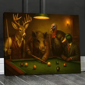 Hunter’s Billiard Crew Poster Wall Art – Deer, Boar, Duck & Turkey Playing Pool – Rustic Hunting Cave & Lodge Décor