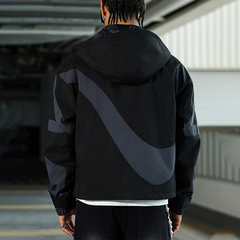 Men's Baseball Jacket High Street Patchwork Print Windproof Coat Fashion College Style Long Sleeve Outerwear for All Seasons Multi-Pocket Hooded Zipper Closure Stylish Menswear