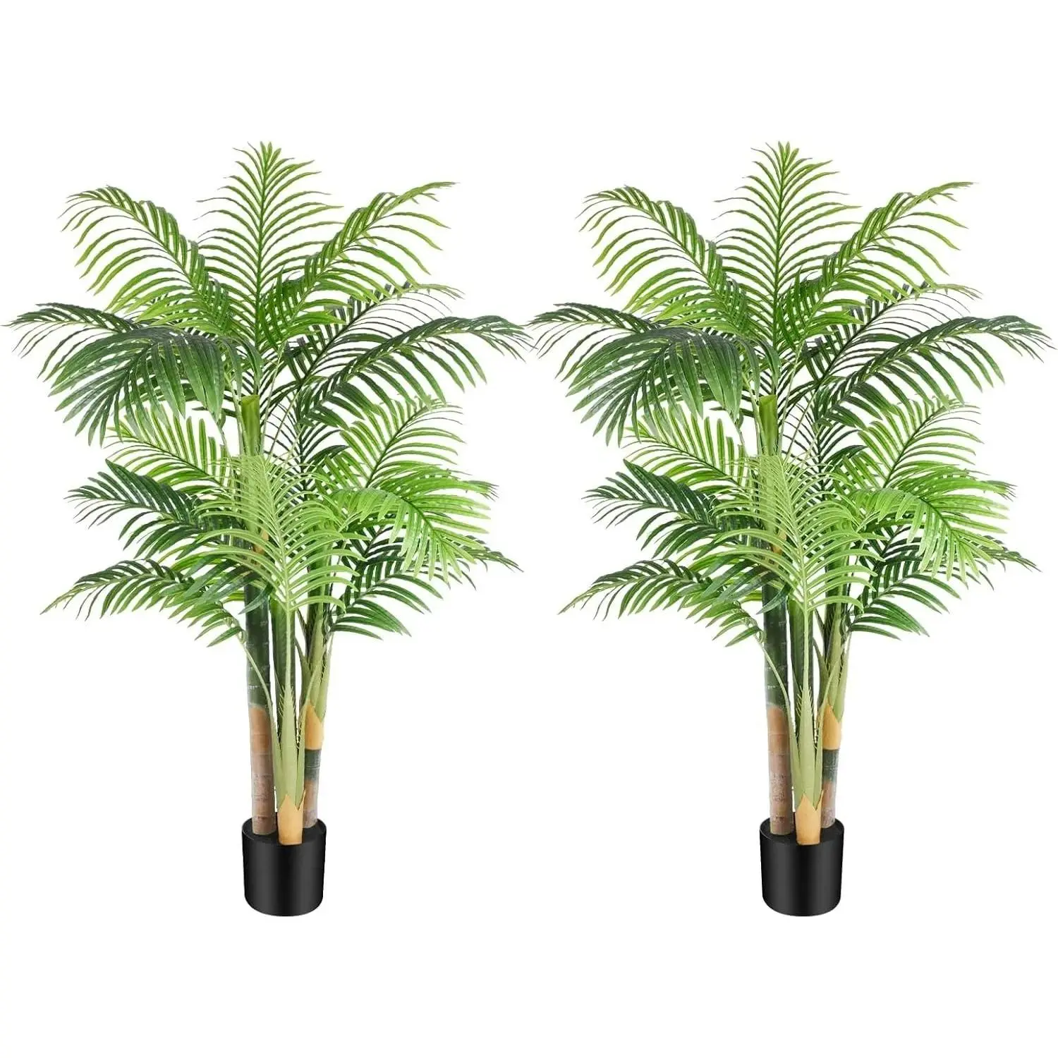 Set of 2 4ft Triple Golden Cane Artificial Palm Trees, Large Tropical Decorative Plants with Leaf Fronds, Pot Base, UV-Resistant Fake Trees for Indoor Living Room, Outdoor Patio Decor