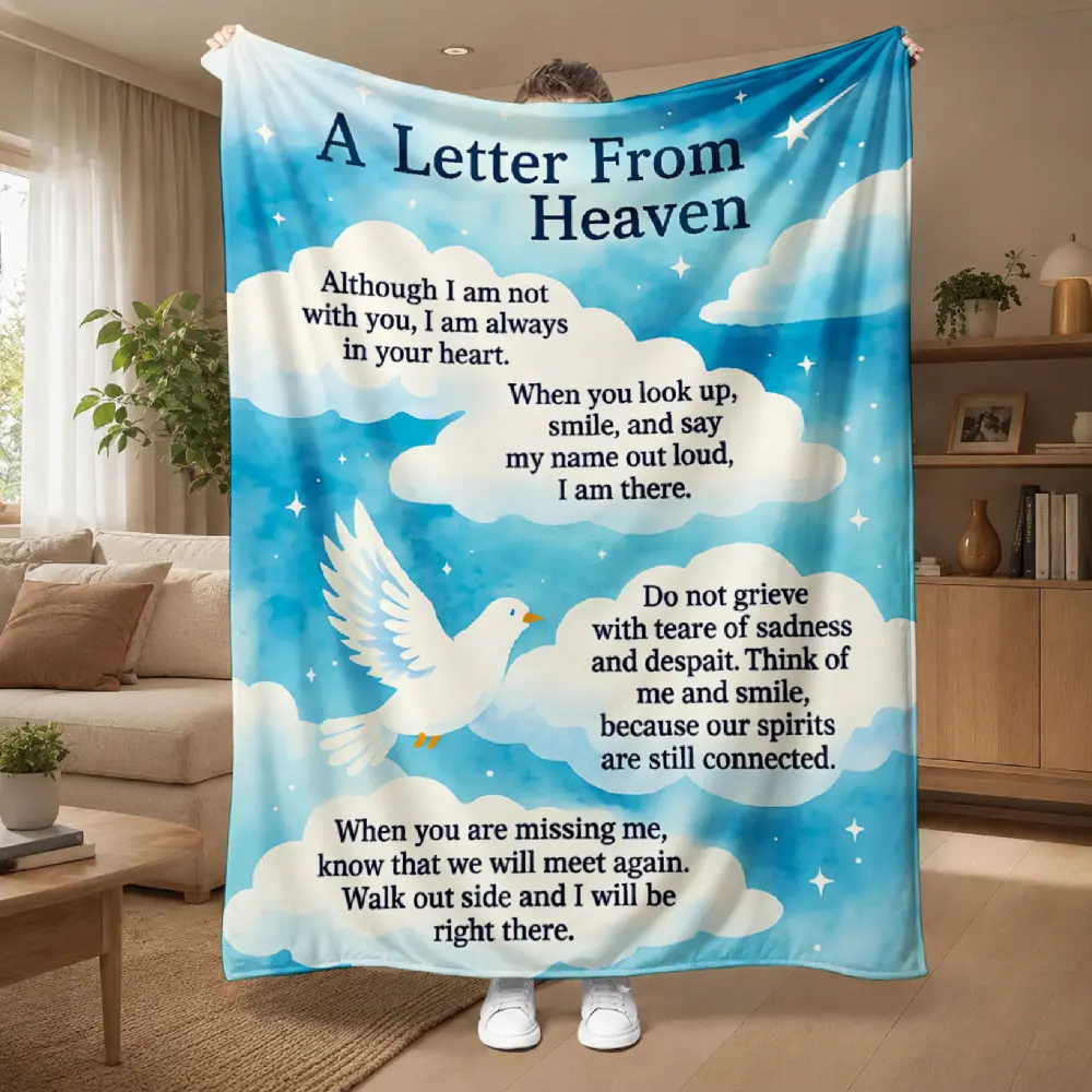 A Letter From Heaven With White Dove And Clouds On Blue Sky Background -Seasons Flannel Blanket Camping for Living Room, Office Machine Washable,suitable as a gift for parents and friends, an ideal camping and travel companion, or a holiday gift.