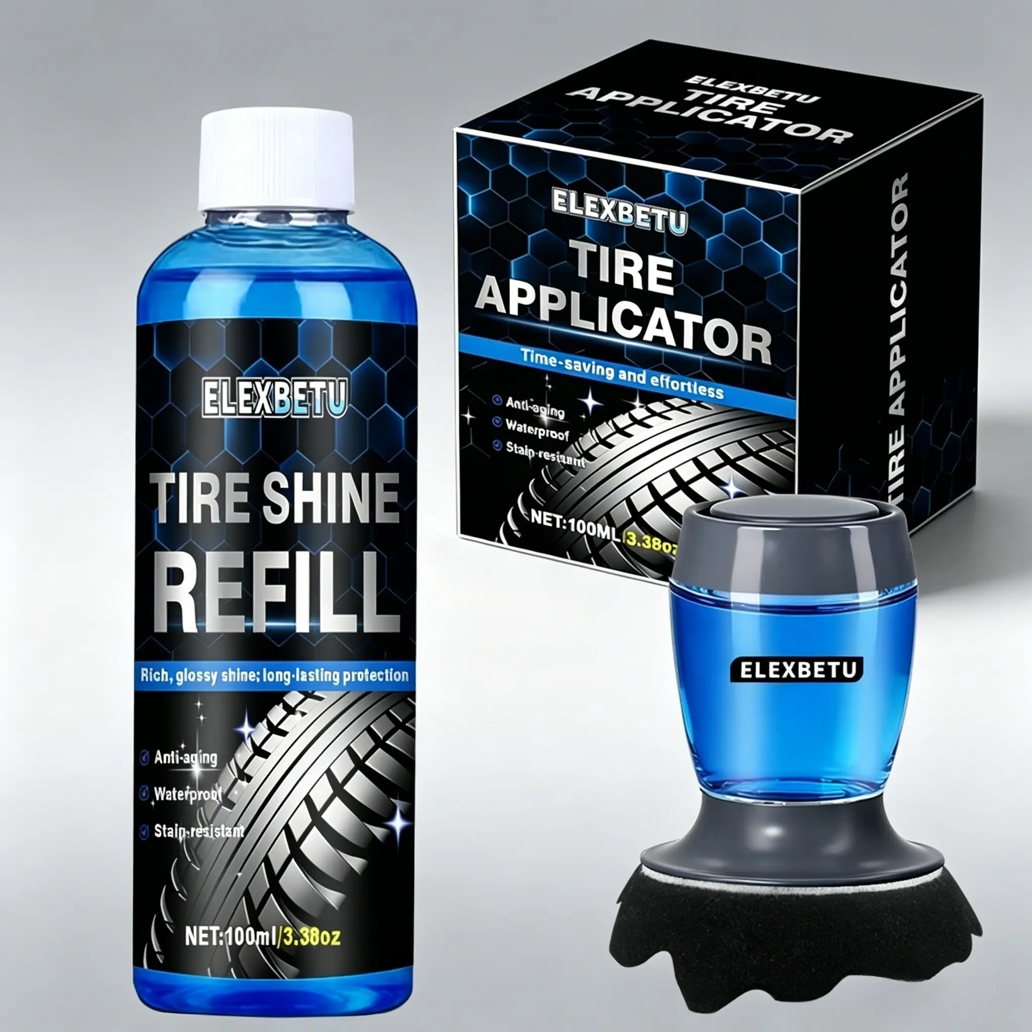 All-in-1 100ml Tire Shine Kit with Applicator - Ideal Car Detailing Products, Versatile Tyre Gloss, Long-Lasting Wet Look, UV Protectant, Deep Black Rubber Restoration, Quick-Drying No-Mess Formula, Saves Time and Effort