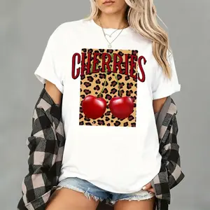 Women's casual "cherry" pattern T-shirt, short sleeves, round neck,cotton material, suitable for all seasons, casual and versatile