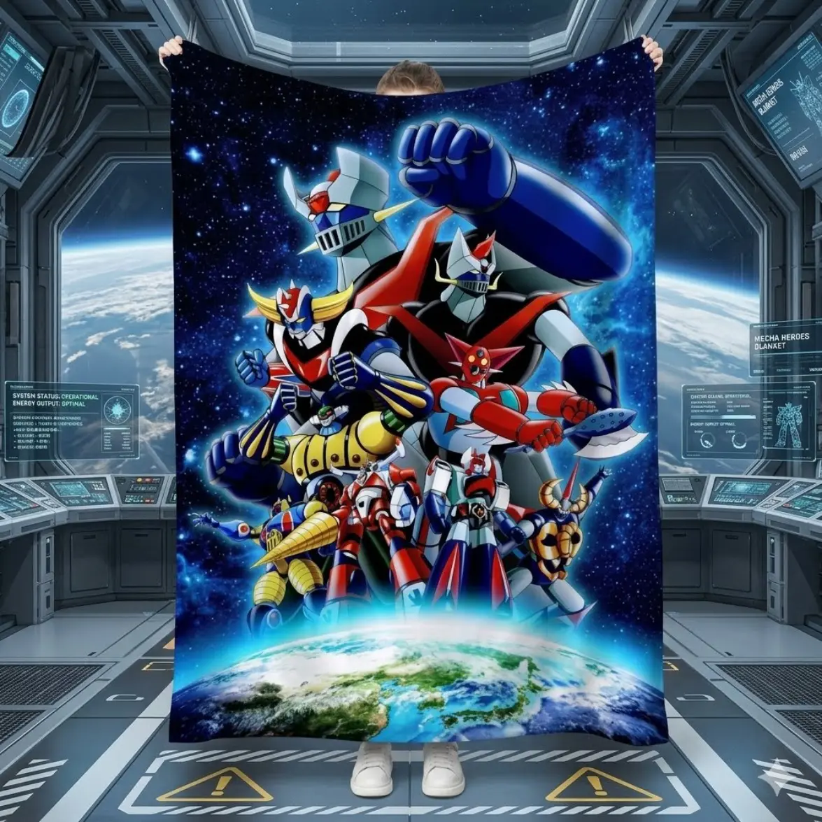 1Pc Mazinger Robot Anime Themed Bold Flannel Blanket - Anti-Pilling, All-Seasons, Soft Bedspread for Adults - Iconic Pattern, Lightweight Collectible for Home, Travel, Gifting