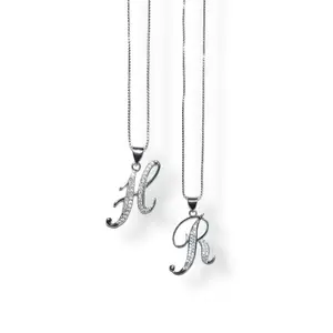 Harper Ray Icon Cursive Initial Necklace - 18k Platinum Plated Micro CZ Stones Pendant 18" Box Chain Jewelry