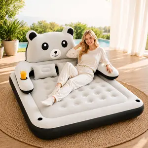 Cute Bear Inflatable Air Mattress, 3-in-1 Sofa Bed with Backrest, Pillows & Cup Holders, Soft Flocked Surface