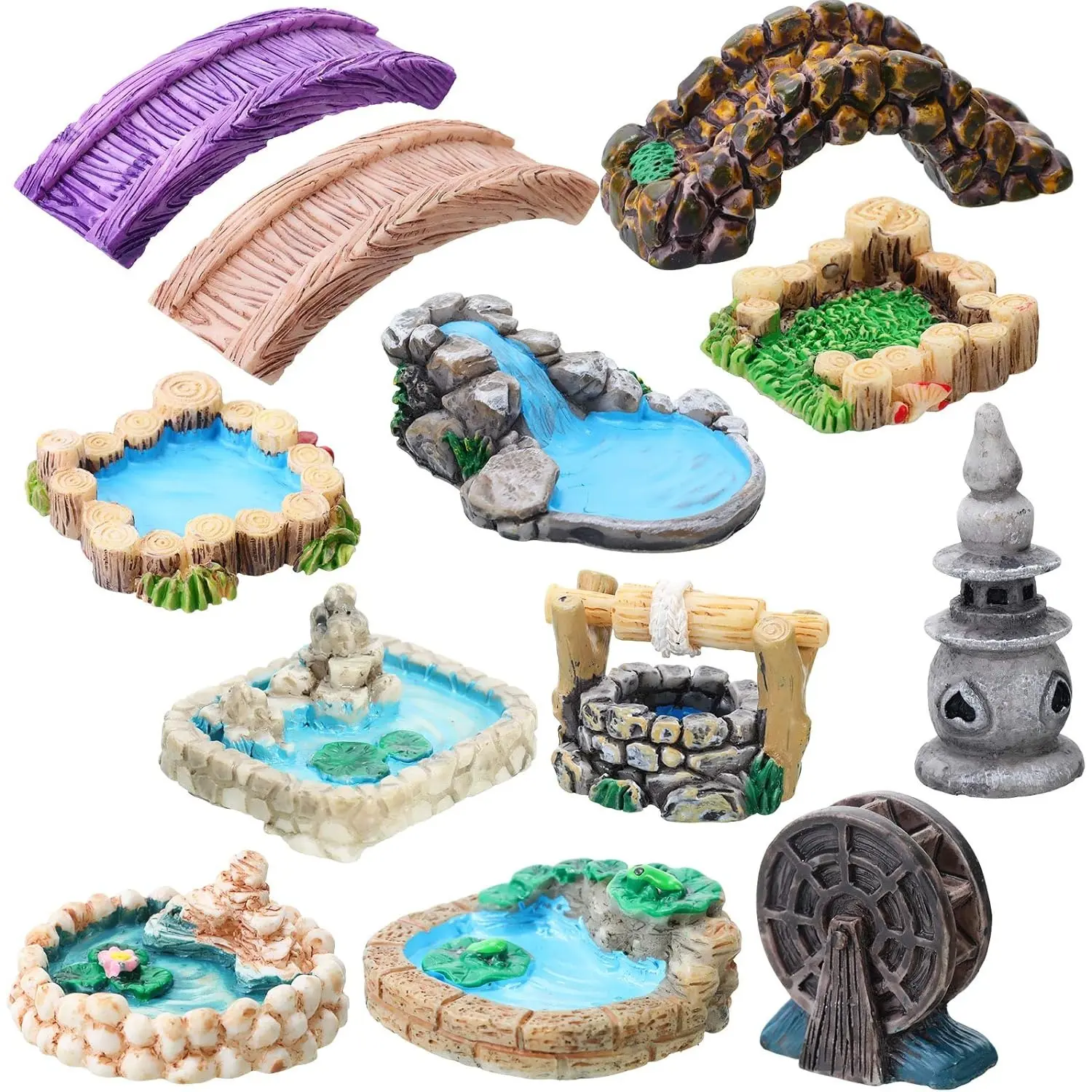 12-Piece Classic Garden Miniature Figurines Set - Bridge, Lighthouse, Water Well Home Improvement Building Supplies for DIY Crafts, Home Decorations, Family Members (Colorful Party Accessories Included)