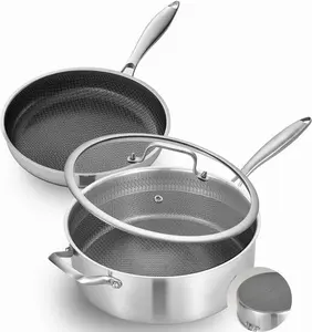 7 QT & 12 Inch Ceramic Nonstick Pan Set – Tri-Ply Stainless Steel Large Sauté Pan with Lid & Frying Pan – Removable Handle for Easy Storage, PFOA-Free, Induction & Oven Safe