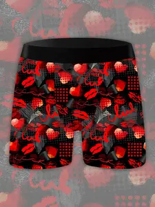 Men's Heart Lip Print Briefs, Romantic Valentine's Day Underwear, Soft High Stretch Comfortable Boyfriend Gift Boxers