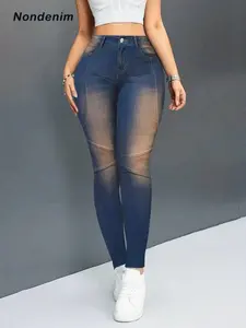 Women's Printed Skinny Fit Jeans, Casual Everyday Fake Denim Style, Elastic Stretchy Material, All-Season Wear, Versatile Design, Pants
