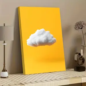2D Flat Modern Minimalist Framed Painting - Yellow Mustard Background with Soft White Clouds - Decorative Painting for Living Room, Bedroom, Office - Ready-to-Hang Wrapped Canvas Art - Creative Housewarming Gift, 2D Flat Art Wall Painting