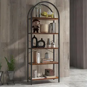 【GARVEE】Bookshelf 5 Tier Bookcase Arched Display Racks Tall Standing Bookshelves Metal Frame Modern Storage Rack Shelf Large Wood Book Shelf for Bedroom, Living Room, Home Office