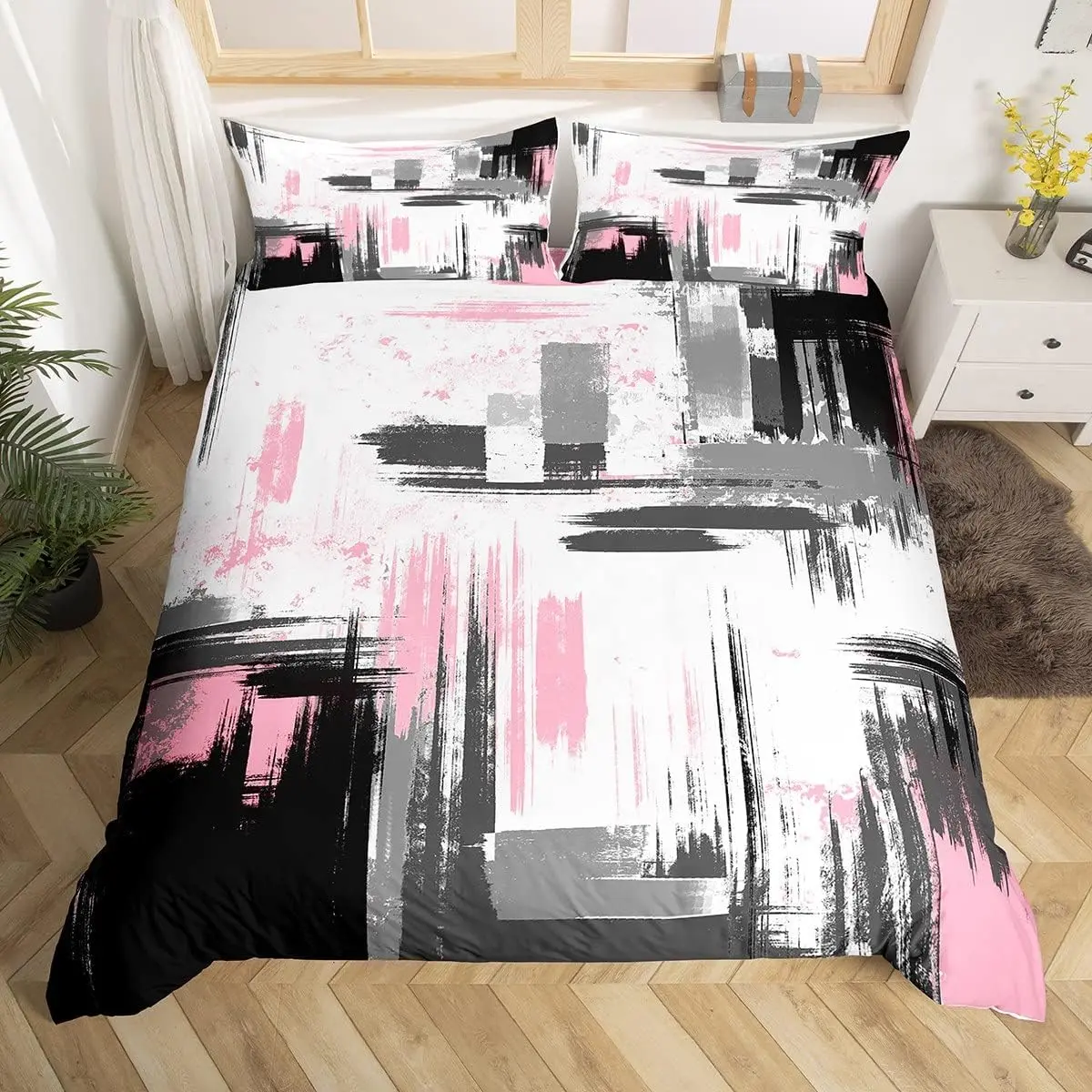 Feelyou Full Size (Double) Microfiber Duvet Cover Set - 2 Pillowcases, Queen Bed Cover, Vivid 3D Digital Abstract Print, Breathable Lightweight Bedding, Pink White Black Decor, Zipper Closure, Flat Weave, Machine Washable, No Comforter