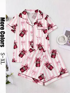 Women's Bowknot Print Sleepwear Set, Short Sleeve Button Neck Shirt, Pocketed Elastic Waist Shorts, Spring Summer Casual Wear