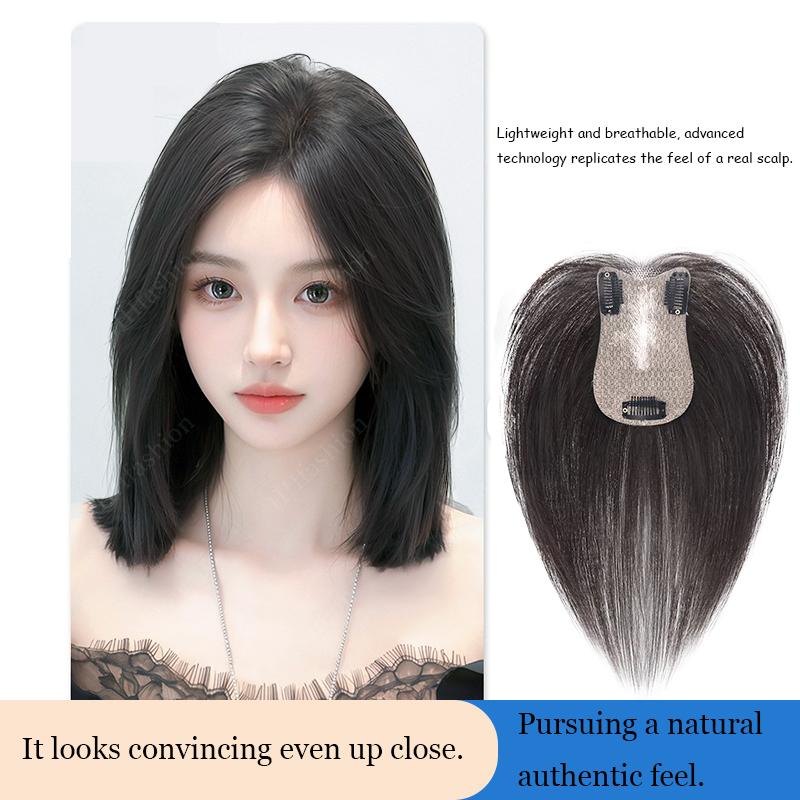 7x11cm V-shaped frontal hairpiece Women's real hair, fully hand-woven, thin bangs.Invisible, seamless, natural, and comfortable.Increase hair volume and cover up thinning hair.Become younger and more stylish.