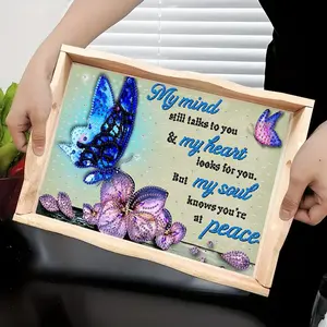 DIY Diamond Painting Kit Tray Butterfly & Letter Design, Wooden Decorative Serving Tray for Food Drinks, Perfect Gift for Family Friends