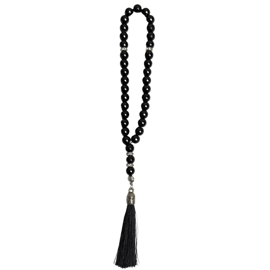 Black Tasbeeh Beads with Elegant Silver Accents | 25 cm