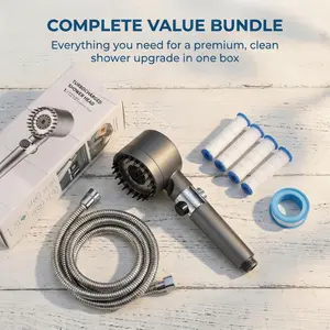 3-in-1 Filtered Shower Head with Scalp Massage Jet & 5 Filters Turbo High Pressure Water Saving Shower Head - Hair & Skin Care - Easy Tool-Free Install - No Plumber Needed - Modern Grey bean blaster