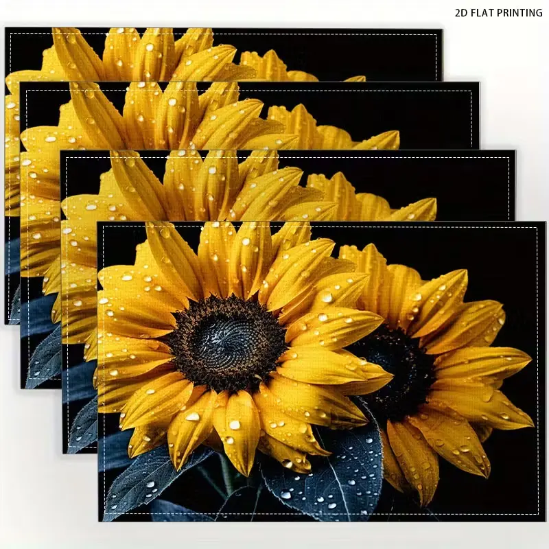 2D flat printing, 2-piece/4-piece 6-piece set, sunflower printed rectangular linen placemat, hand washable and heat-resistant, suitable for dining tables, coffee tables, home decor, family gatherings, kitchen dining parties