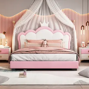 Full Size Upholstered Princess Bed With Crown Headboard, Full Size Platform Bed Frame with Headboard and Slats, No Box Spring Needed, White+Pink