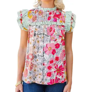 Women's Pink Floral Print Blouse with Contrast Ruffle Trim and Flutter Sleeves