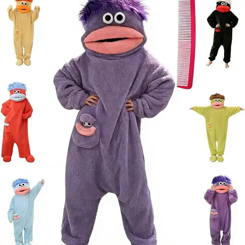 big mouth monster onesie funny gag wearable blanket hoodie pajamas for adults, ultra cozy upgraded soft plush costume, complete set includes free comb & matching foot covers, perfect spooky season party outfit