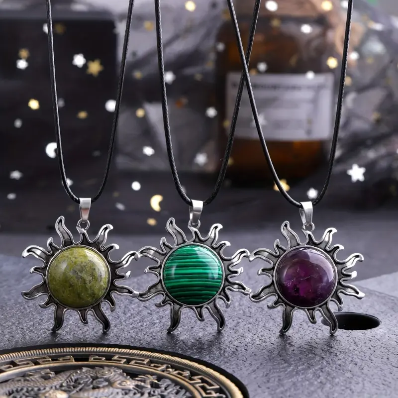 Women's Crystal Sun Pendant Necklace - Antique Silver Plated Alloy, February Natural Birthstone Jewelry with Rose Quartz, Lapis Lazuli, Redstone, Amethyst - Bohemian Spiritual Gift for Christmas, Birthday, Ethnic, Mixed Color