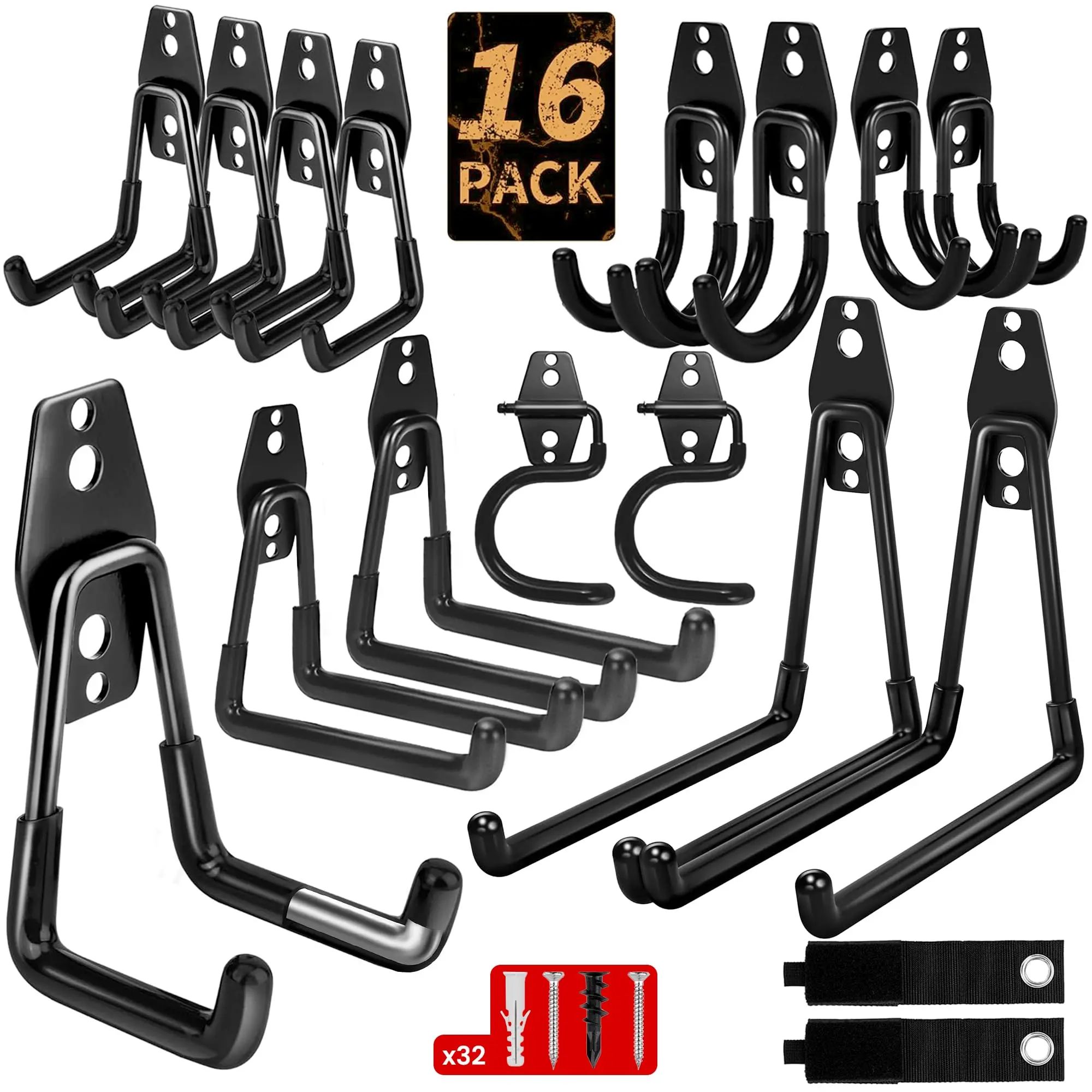 Steel Wall-Mount Garage Hanging Hooks & Rails - Non-Slip Coating Organiser with Screws for Tool, Bike Home Organization