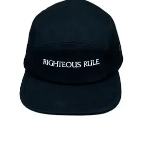 Righteous Rule Black Cotton 5 Panel, Camper Hat. W/ white embroidered logo, and adjustable strap in the back.