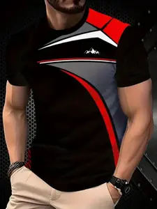Men's Quick-Dry 3D Digital Print T-Shirt, Breathable Polyester Geometric Pattern, Fitted Short Sleeve Gym Workout Wear, All-Season Wear